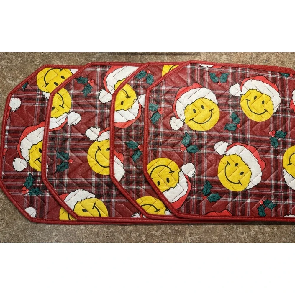 Set of 4 Vtg Christmas Smiley Face Placemats Santa Emoji Plaid Vinyl Quilted